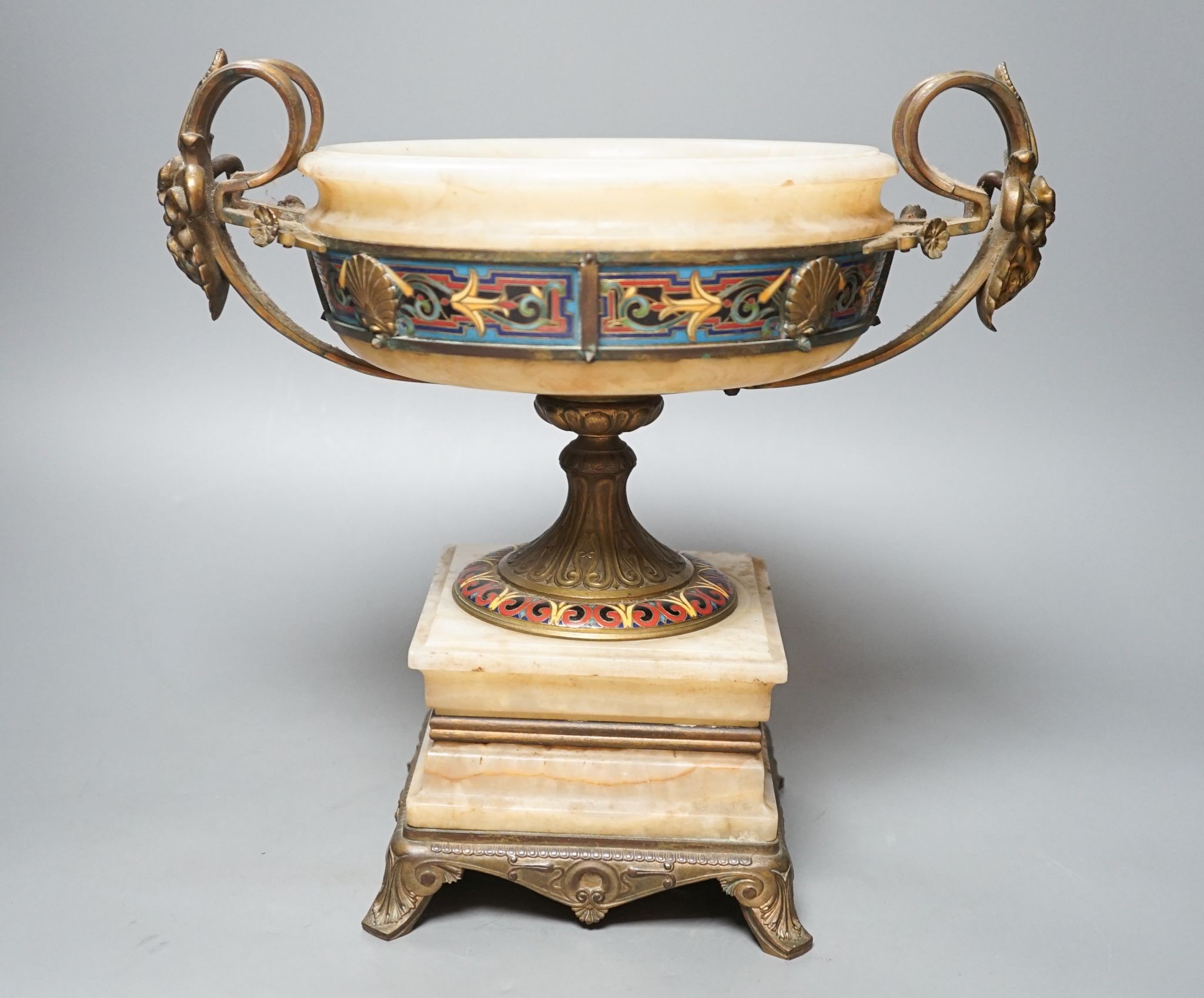 A late 19th century Barbedienne ormolu, champleve enamel and onyx centrepiece 30cm, engraved mark ‘F BARBEDIENNE’